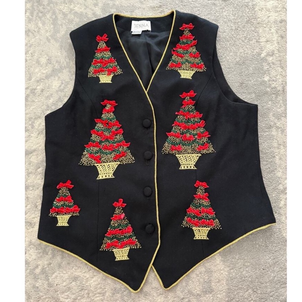 Vtg 90s Y2K Black Wool Vest Christmas Holiday Trees Beaded Teacher Party Large